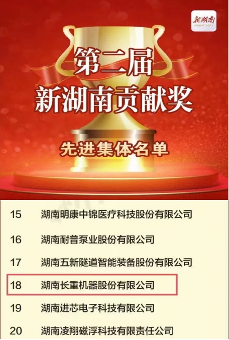 喜訊！長(zhǎng)重機(jī)器榮獲“新湖南貢獻(xiàn)獎(jiǎng)先進(jìn)集體”稱(chēng)號(hào)